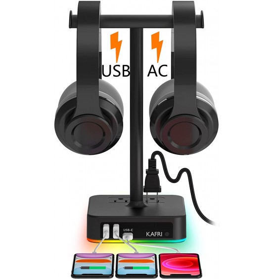 KAFRI RGB Headphone Stand with USB Charger Desk Gaming Headset Holder Hanger Rack with 3 USB Charging Port and 2 Outlet - Suitable for Gamer Desktop Table Game Earphone Accessories Boyfriend Gift