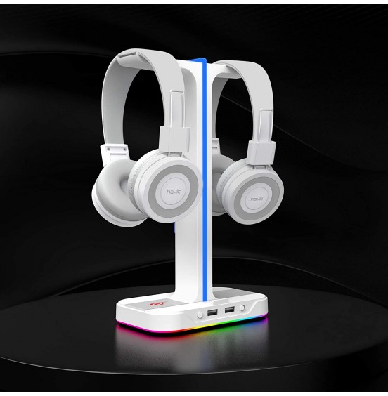 Havit RGB Gaming Headphone Stand Desk Dual Headset Hanger Base with Phone Holder &amp; 2 USB Ports for Desktop PC Game Earphone Accessories