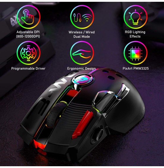 Wired/Wireless Gaming Mouse Up to 12000 DPI,Rechargeable Mouse with 1000mAh Battery,Type-C,Chroma RGB,9 Programmable Buttons+Rapid Fire,Joystick Ultralight Honeycomb Shell for PC Gamer(Mlik Tea White)