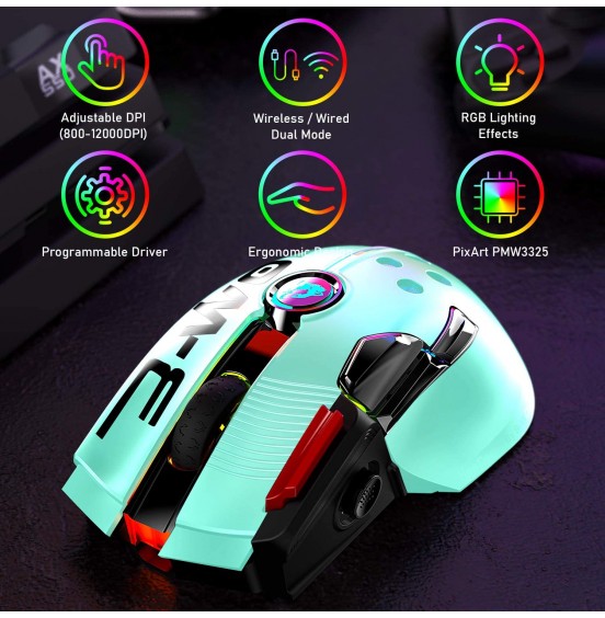 Wired/Wireless Gaming Mouse Up to 12000 DPI,Rechargeable Mouse with 1000mAh Battery,Type-C,Chroma RGB,9 Programmable Buttons+Rapid Fire,Joystick Ultralight Honeycomb Shell for PC Gamer(Mlik Tea White)