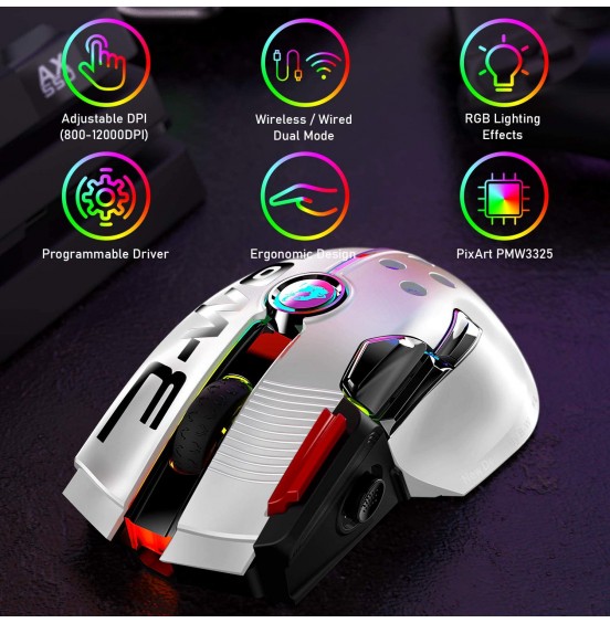 Wired/Wireless Gaming Mouse Up to 12000 DPI,Rechargeable Mouse with 1000mAh Battery,Type-C,Chroma RGB,9 Programmable Buttons+Rapid Fire,Joystick Ultralight Honeycomb Shell for PC Gamer(Mlik Tea White)